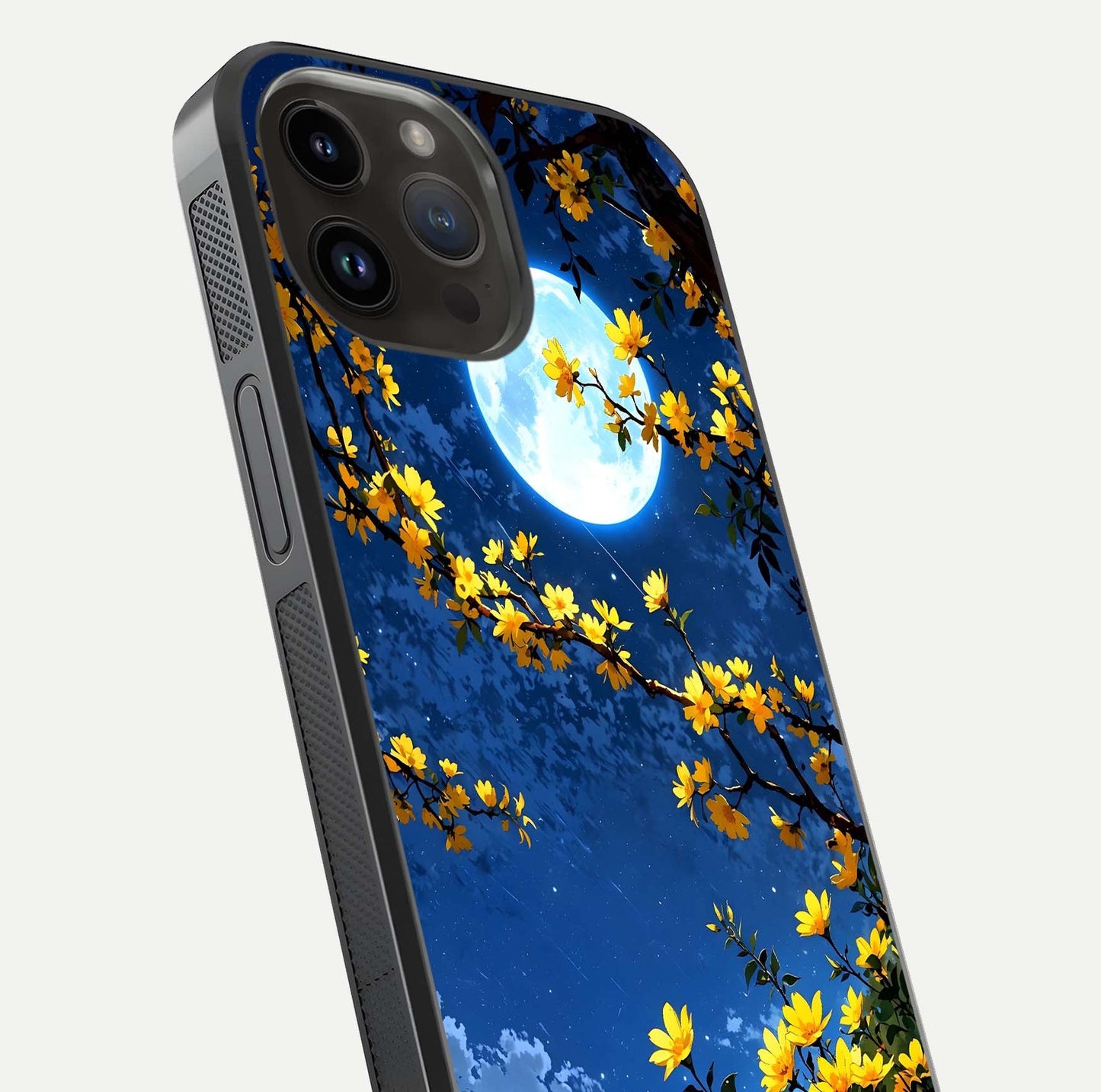 Golden Night Glow Glass Case for iPhone 14 Pro Max close-up angled shot showing shimmer texture and light reflection