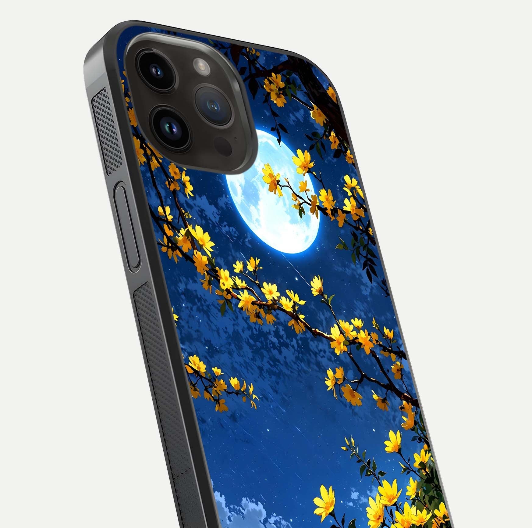 Golden Night Glow Glass Case for iPhone 14 Pro Max close-up angled shot showing shimmer texture and light reflection