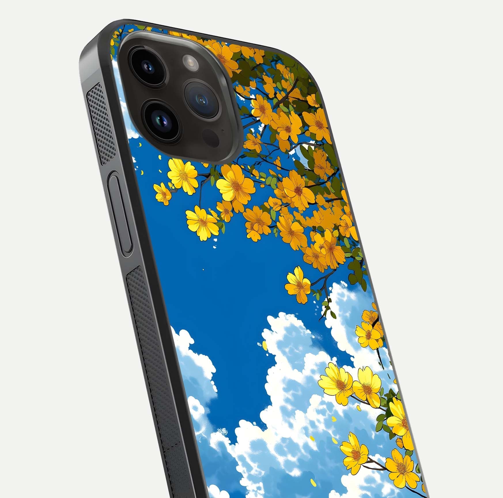 Golden Petal Sky Glass Case for iPhone 14 Pro Max close-up angled shot showing petal texture and shine reflection
