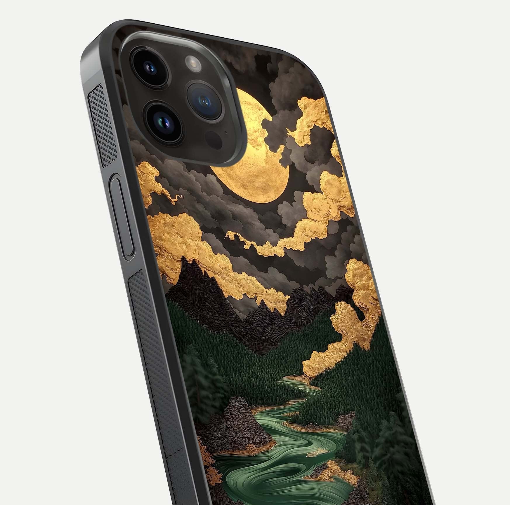 Golden River Moon Glass Case for iPhone 14 Pro Max close-up angled shot showing moon reflection and water shine