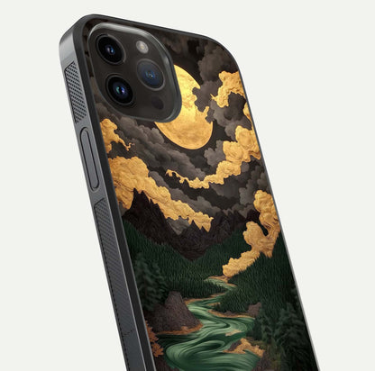 Golden River Moon Glass Case for iPhone 14 Pro Max close-up angled shot showing moon reflection and water shine