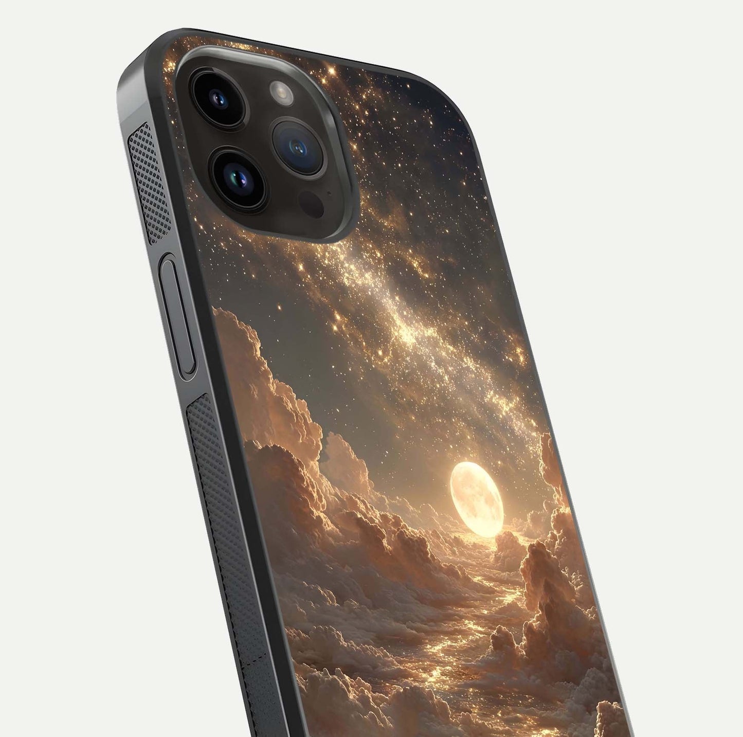 Golden Sky Dream Glass Case for iPhone 14 Pro Max close-up angled shot showing gradient tones and reflection polish