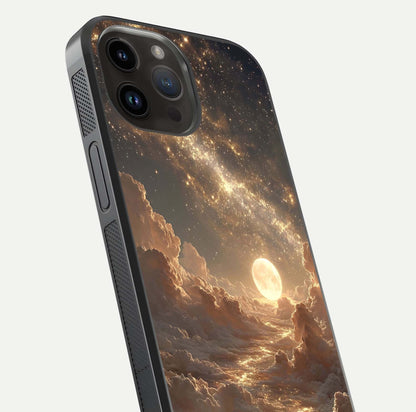 Golden Sky Dream Glass Case for iPhone 14 Pro Max close-up angled shot showing gradient tones and reflection polish