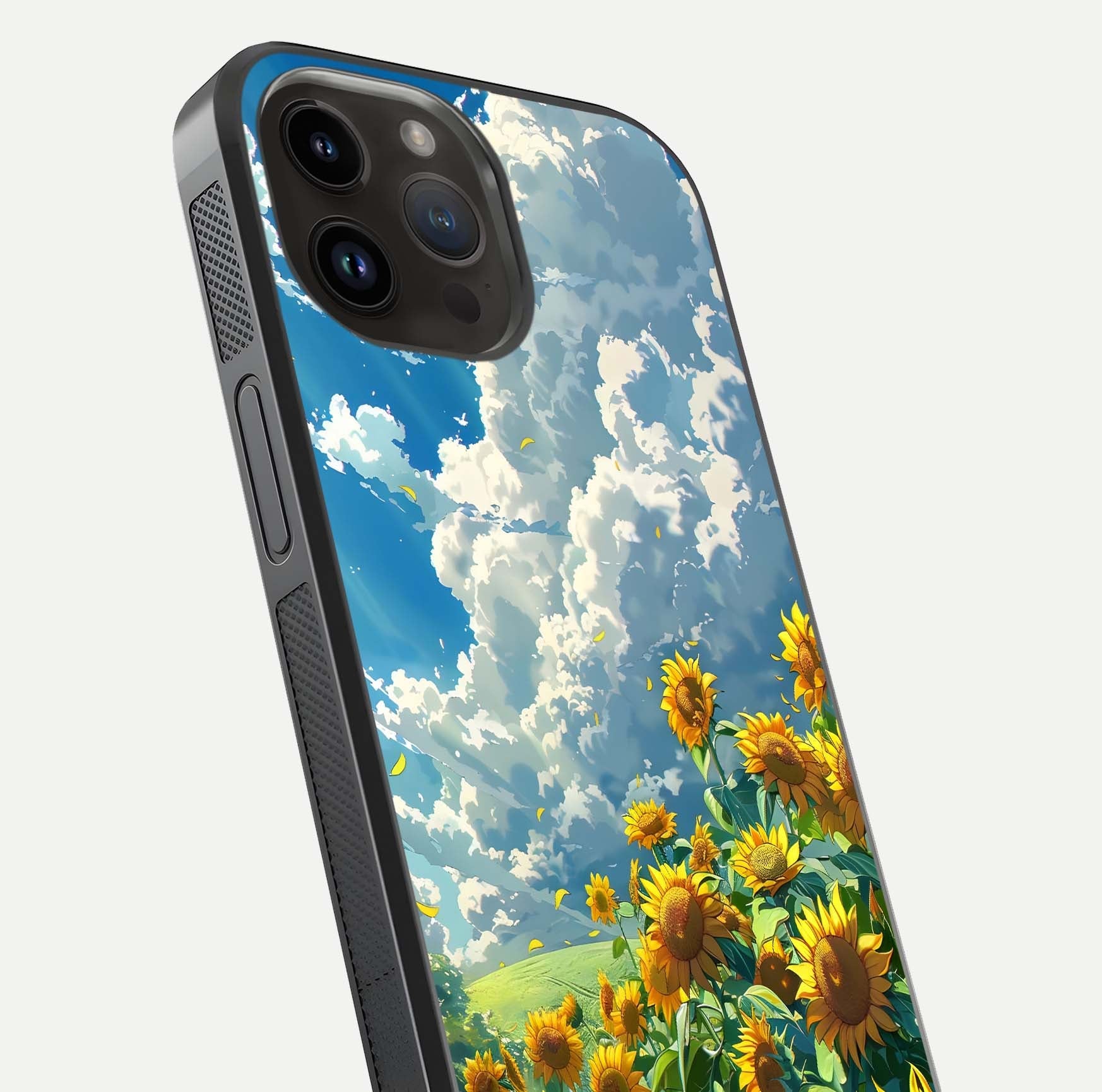 Golden Sun Glory Glass Case for iPhone 14 Pro Max close-up angled shot showing sunlight reflection and gold detailing