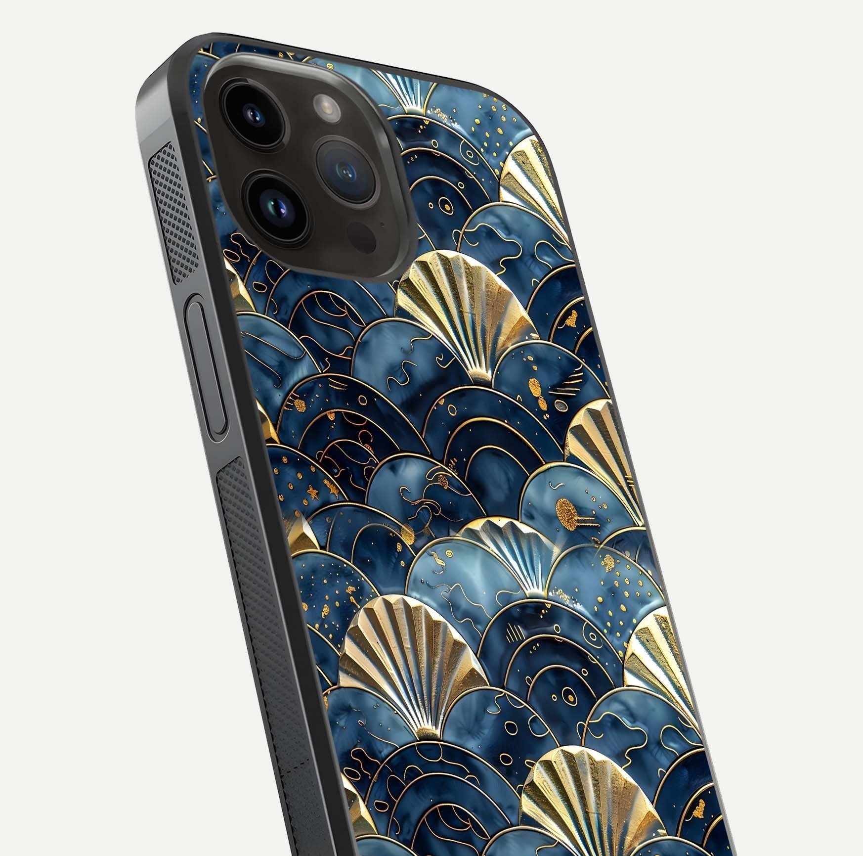Golden Wave Luxe Glass Case for iPhone 14 Pro Max close-up angled shot showing flowing wave texture and reflection brightness