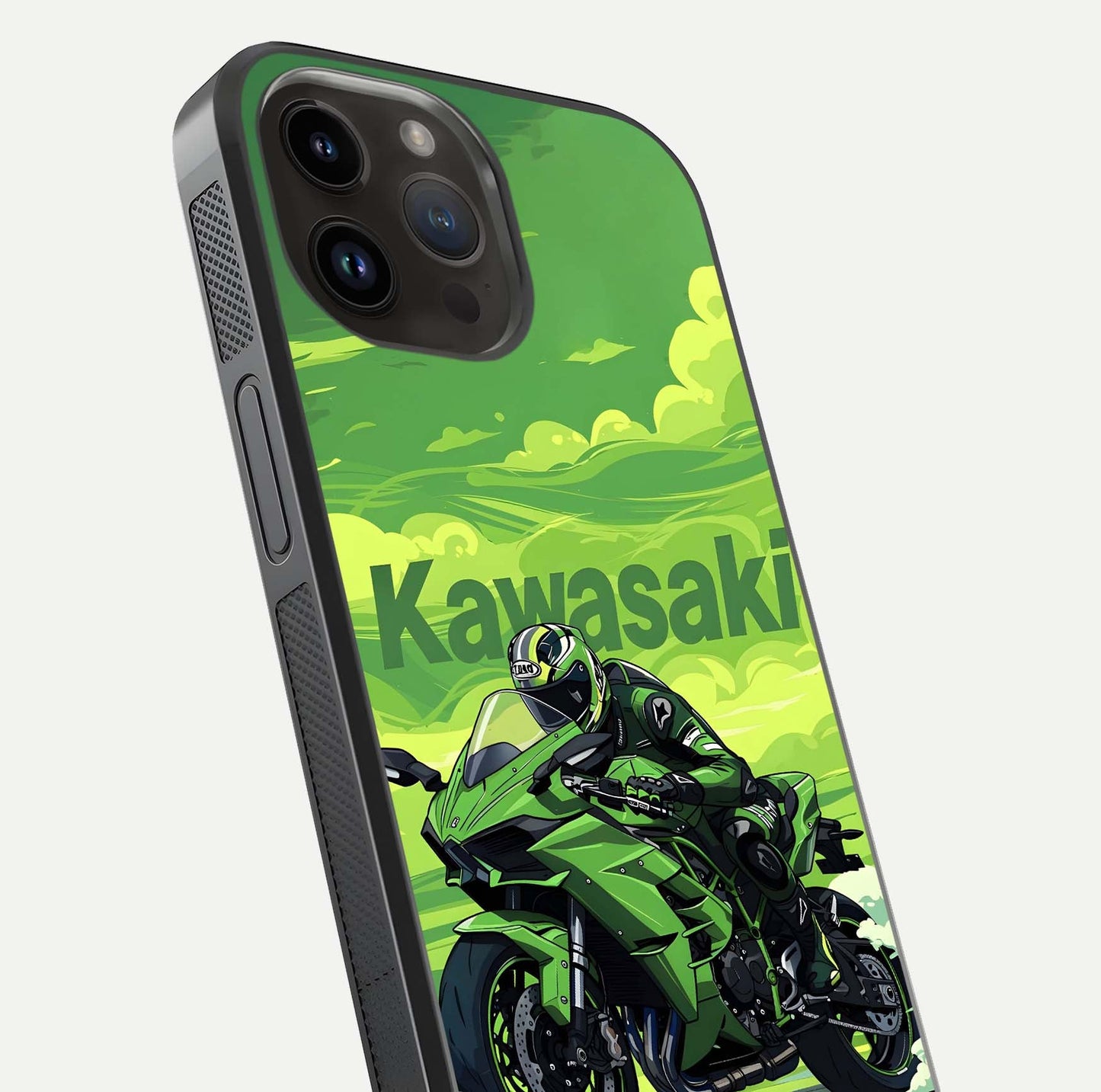 Green Kawasaki Glass Case for iPhone 14 Pro Max close-up angled shot showing sporty line details and reflection shine