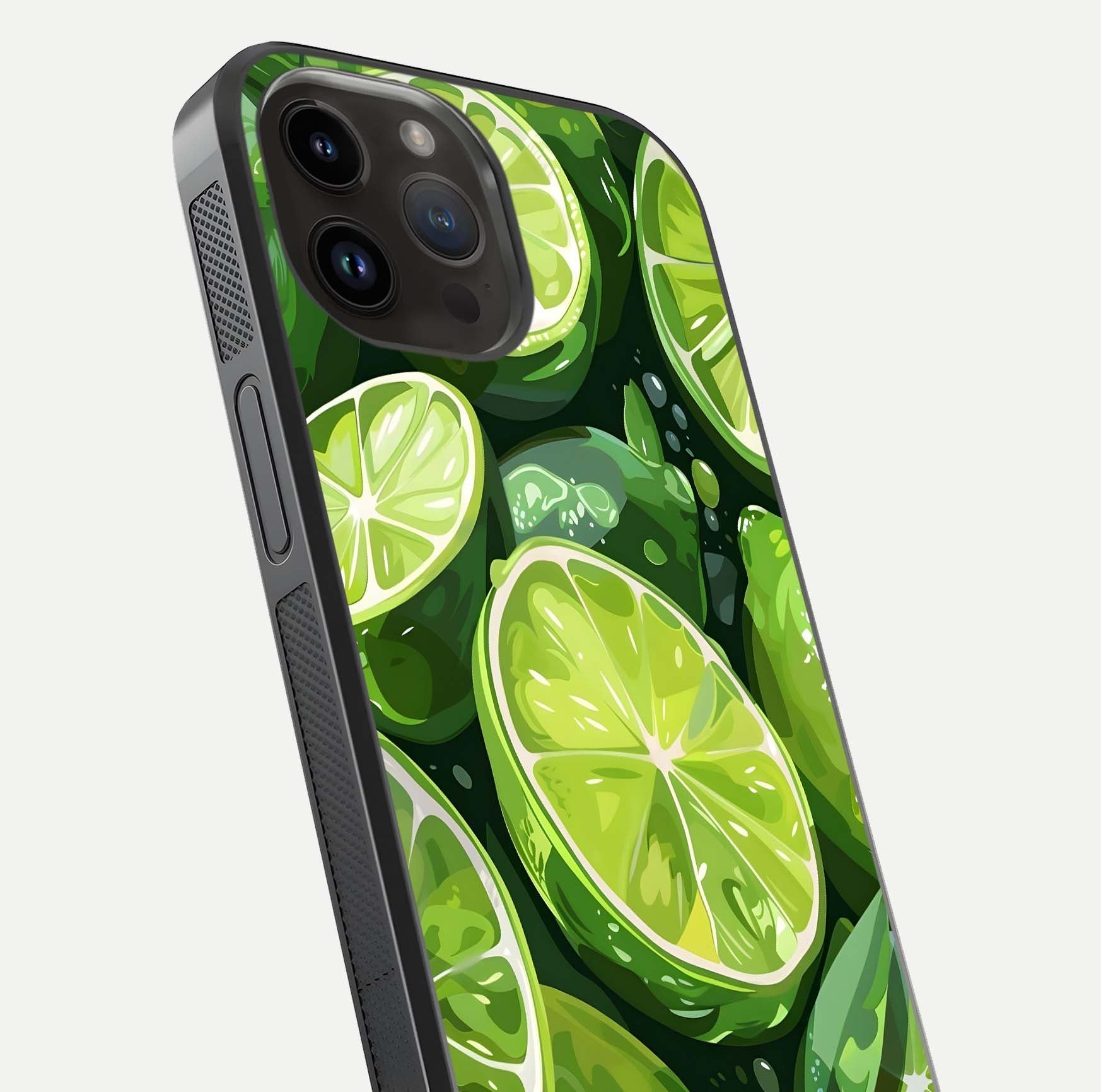 Green Lemon Glass Case for iPhone 14 Pro Max close-up angled shot showing lemon slice texture and reflection brightness