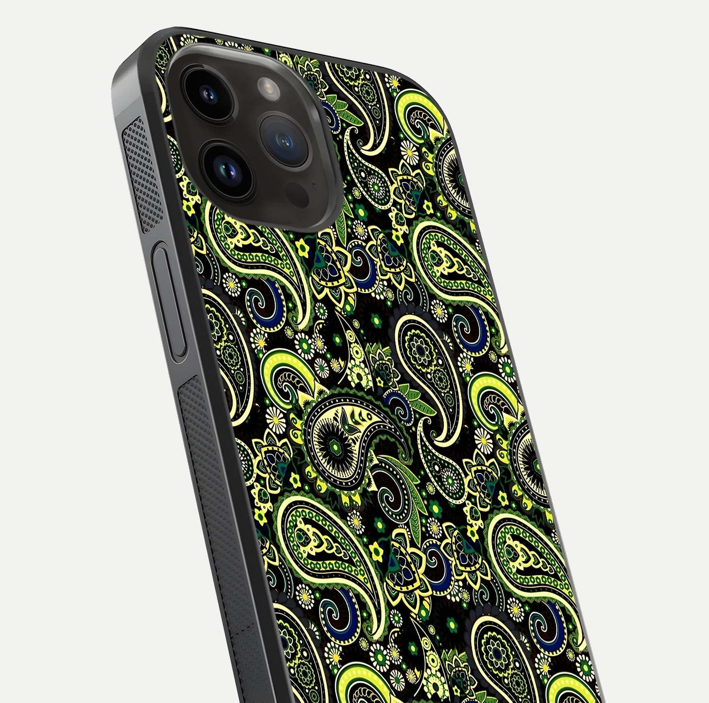 Green Mandala Pattern Glass Case for iPhone 14 Pro Max close-up angled shot showing fine detailing and gold-green reflection