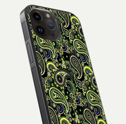 Green Mandala Pattern Glass Case for iPhone 14 Pro Max close-up angled shot showing fine detailing and gold-green reflection