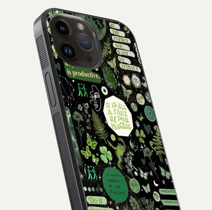 Green Moon Energy Glass Case for iPhone 14 Pro Max close-up angled shot showing glowing lunar detail and reflection shine