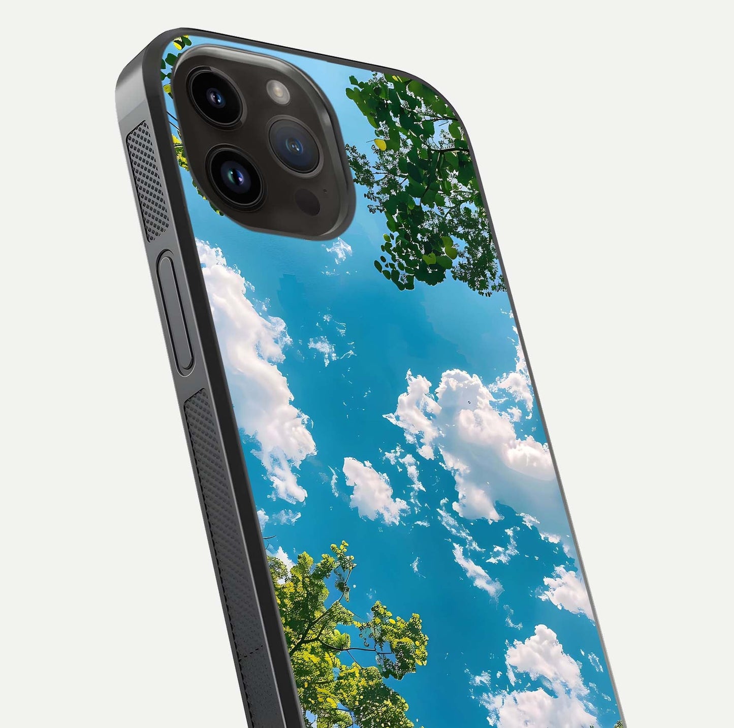 Greenery Sky Glass Case for iPhone 14 Pro Max close-up angled shot showing leafy tones and reflection brightness