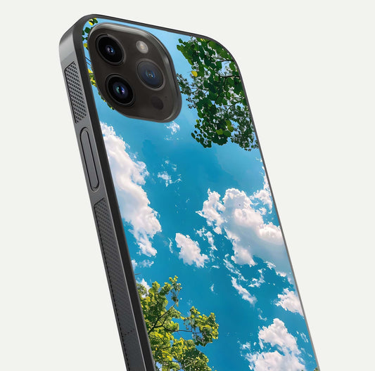 Greenery Sky Glass Case for iPhone 14 Pro Max close-up angled shot showing leafy tones and reflection brightness