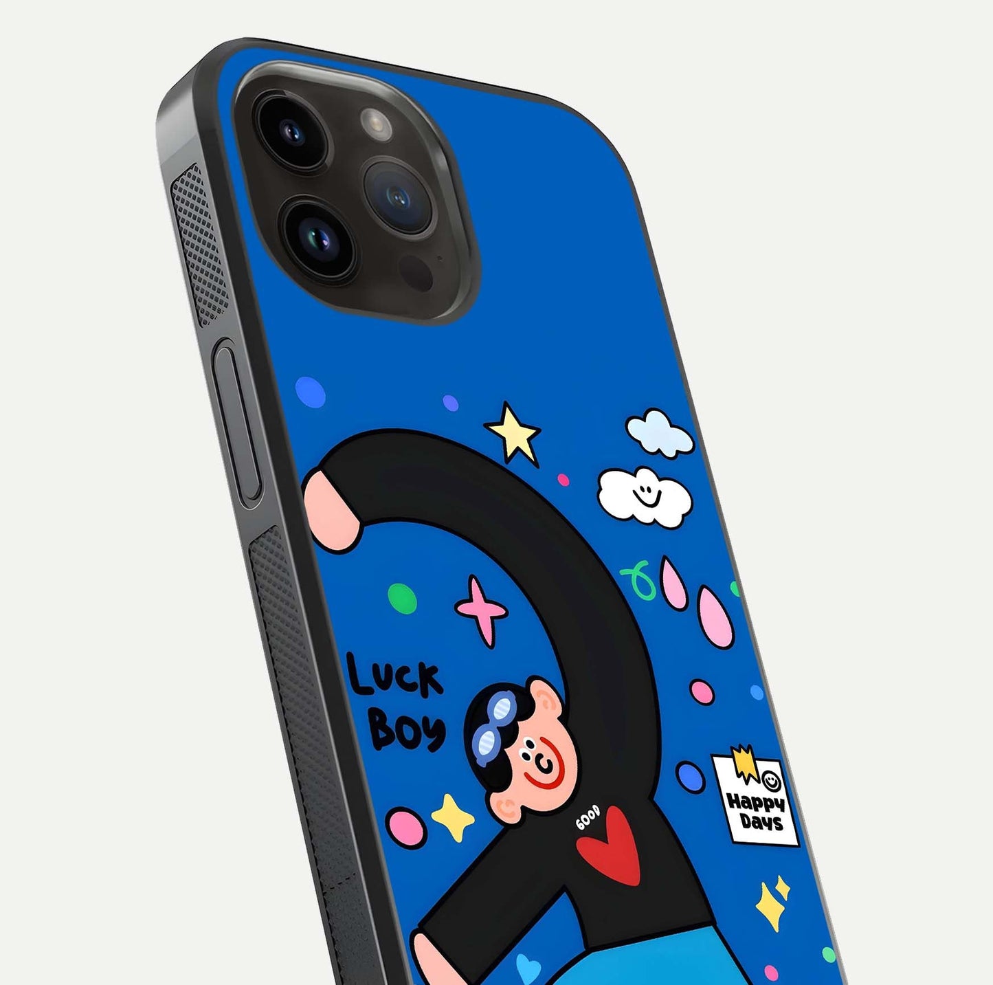 Happy Luck Vibe Glass Case for iPhone 14 Pro Max close-up angled shot showing color details and reflection shine