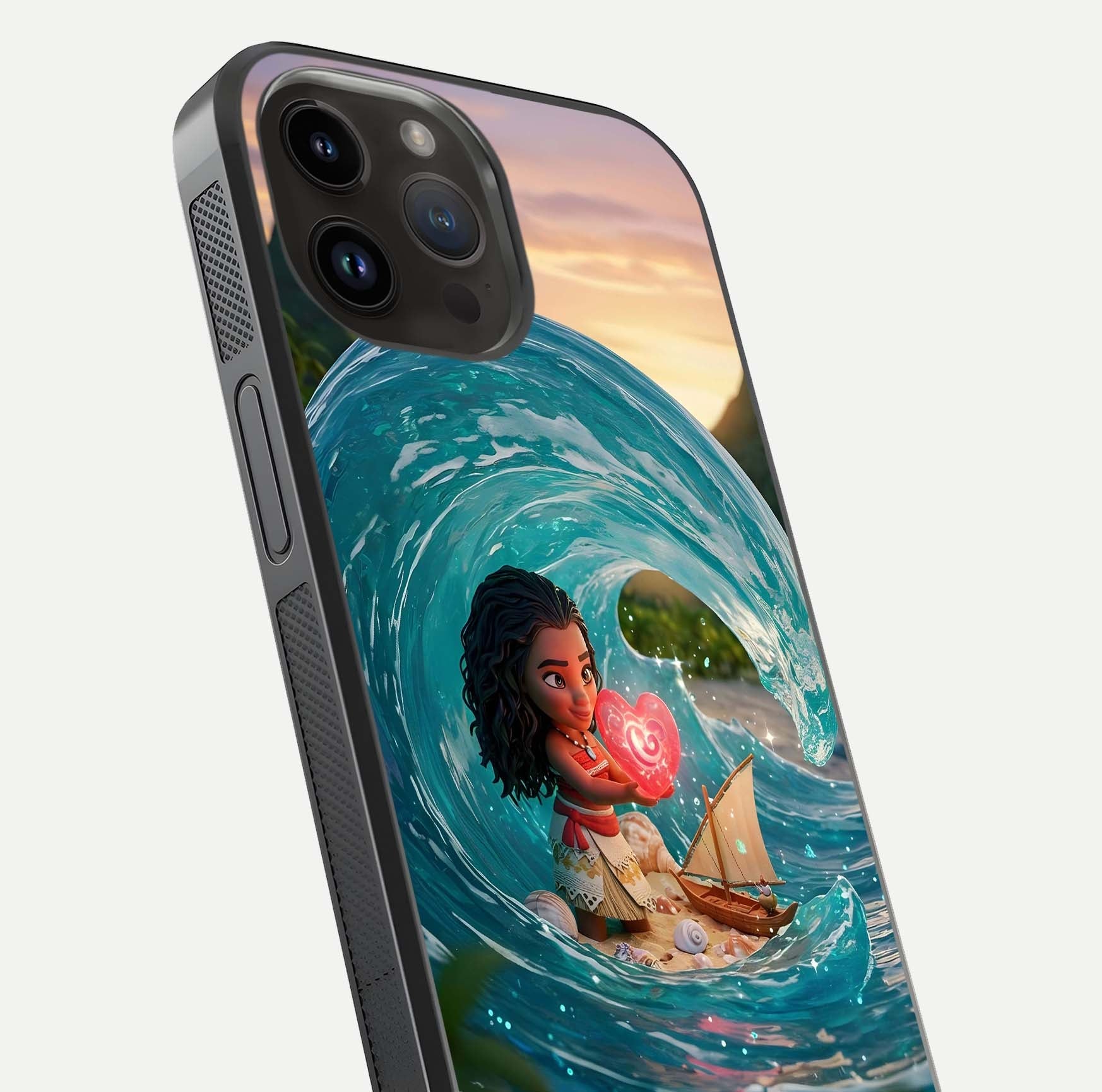 Heart of Ocean Glass Case for iPhone 14 Pro Max close-up angled shot showing blue tones and reflection shine