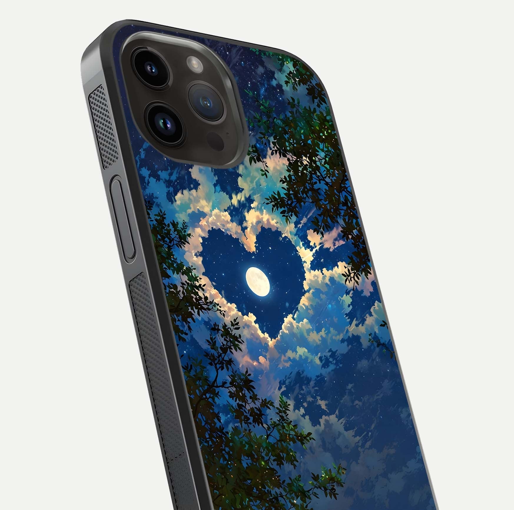 Heart with Moon Sky Glass Case for iPhone 14 Pro Max close-up angled shot showing lunar reflection and shine detail