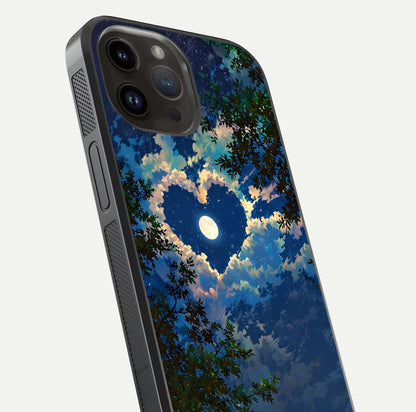 Heart with Moon Sky Glass Case for iPhone 14 Pro Max close-up angled shot showing lunar reflection and shine detail