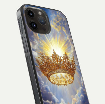 Heavenly Crown Light Glass Case for iPhone 14 Pro Max close-up angled shot showing glowing halo details and smooth reflection
