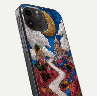 Heavenly Moon Path Glass Case for iPhone 14 Pro Max close-up angled shot showing moon reflection and shimmer texture