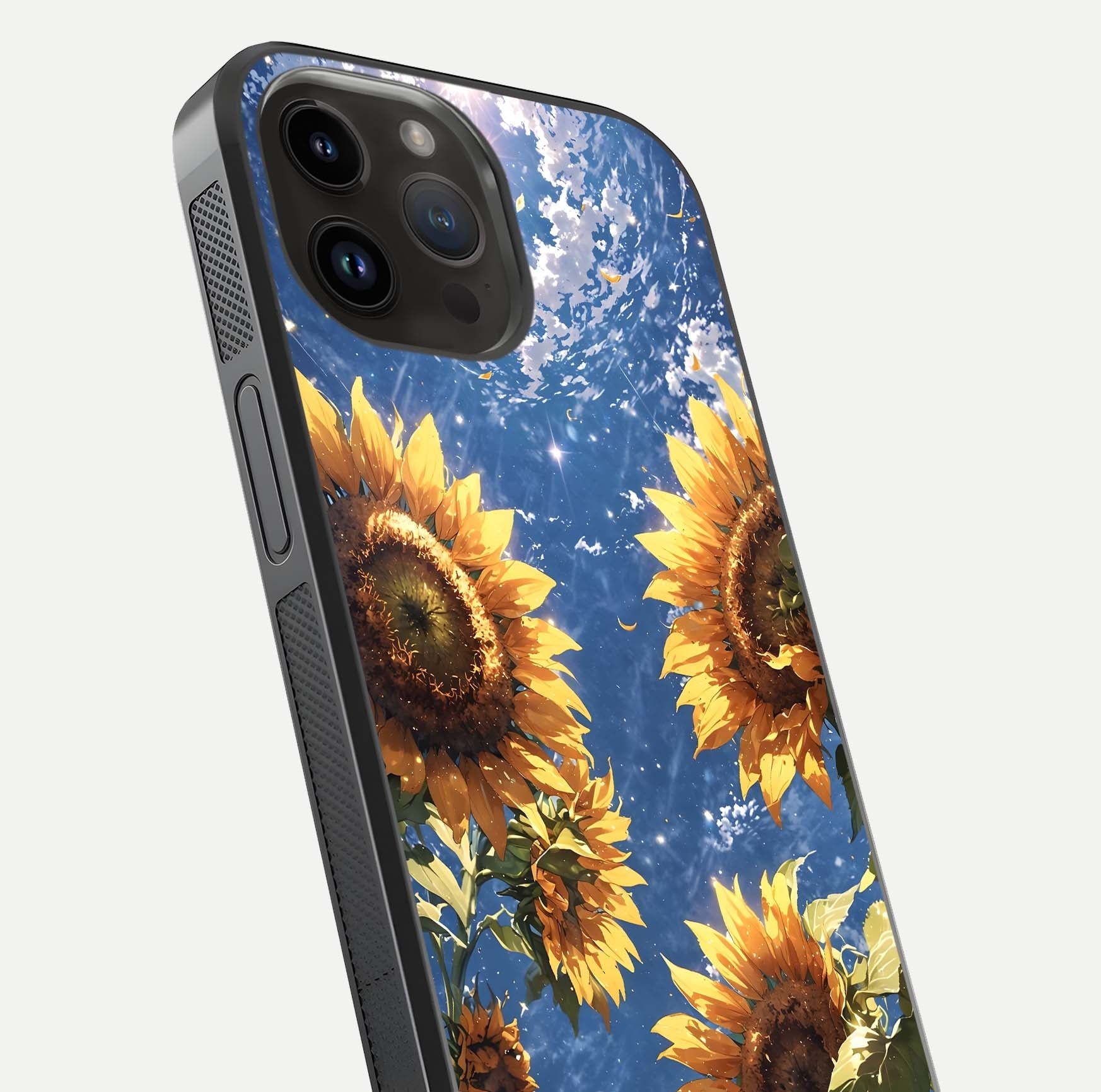 Heavenly Sunflower Rise Glass Case for iPhone 14 Pro Max close-up angled shot showing sunflower texture and reflection polish