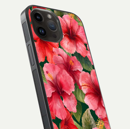 Hibiscus Pattern Glass Case for iPhone 14 Pro Max close-up angled shot showing flower details and gloss reflection