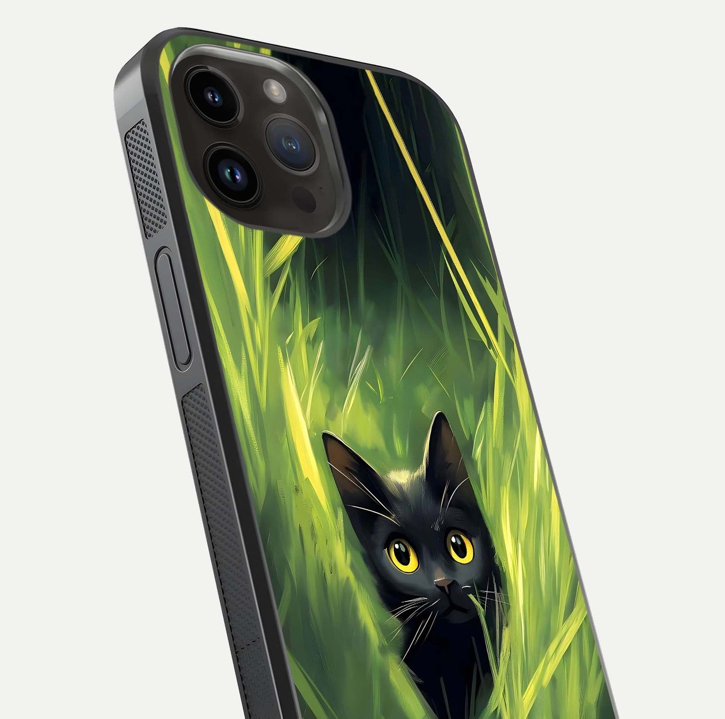 Hidden Cat Whisper Glass Case for iPhone 14 Pro Max close-up angled shot showing feline details and reflection polish