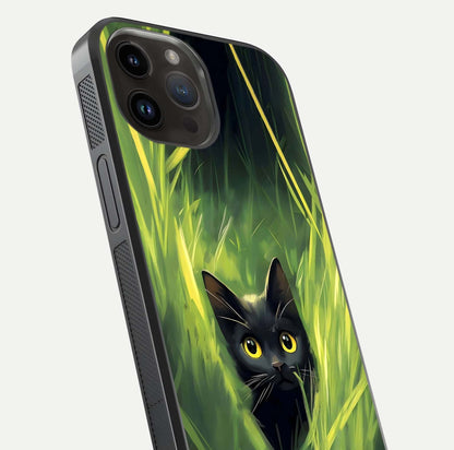 Hidden Cat Whisper Glass Case for iPhone 14 Pro Max close-up angled shot showing feline details and reflection polish