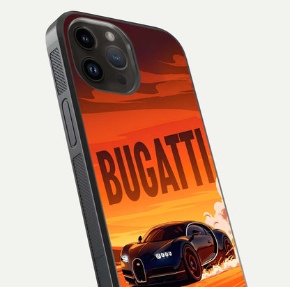 Inferno Bugatti Storm Glass Case for iPhone 14 Pro Max close-up angled shot showing flame details and reflection shine