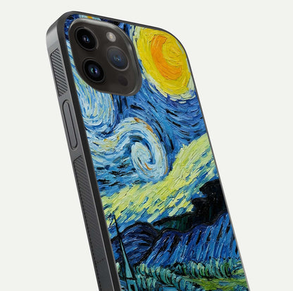 Inspired Van Gogh Art Glass Case for iPhone 14 Pro Max close-up angled shot showing brushstroke texture and shine detail