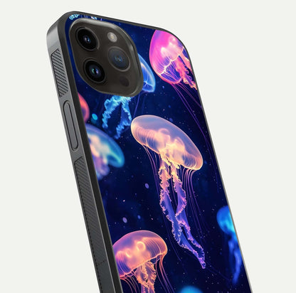 Jellyfish Pattern Glass Case for iPhone 14 Pro Max close-up angled shot showing translucent tentacles and light reflection