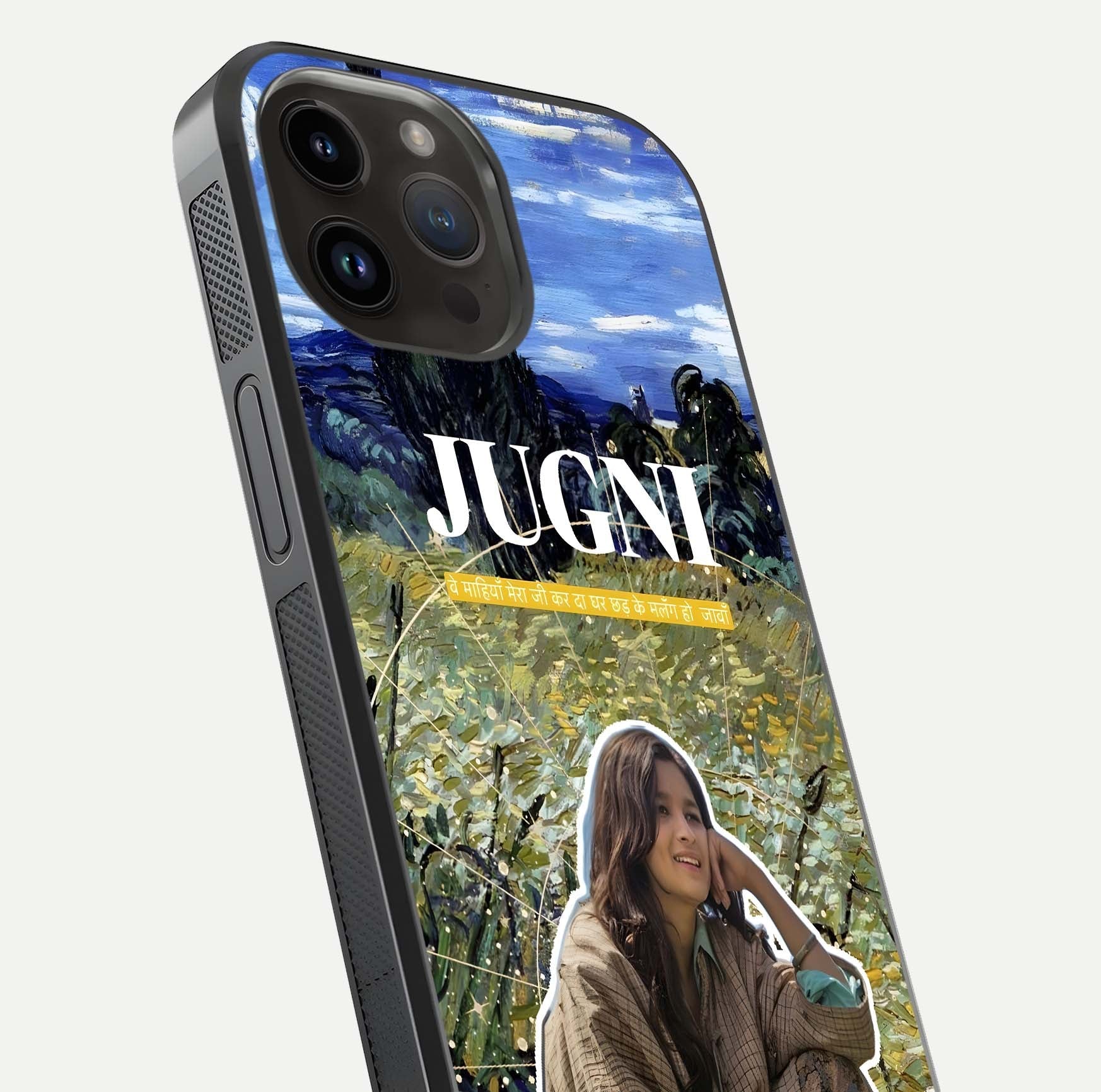 Jugni Soul Vibes Glass Case for iPhone 14 Pro Max close-up angled shot showing typography detail and vibrant gloss reflection