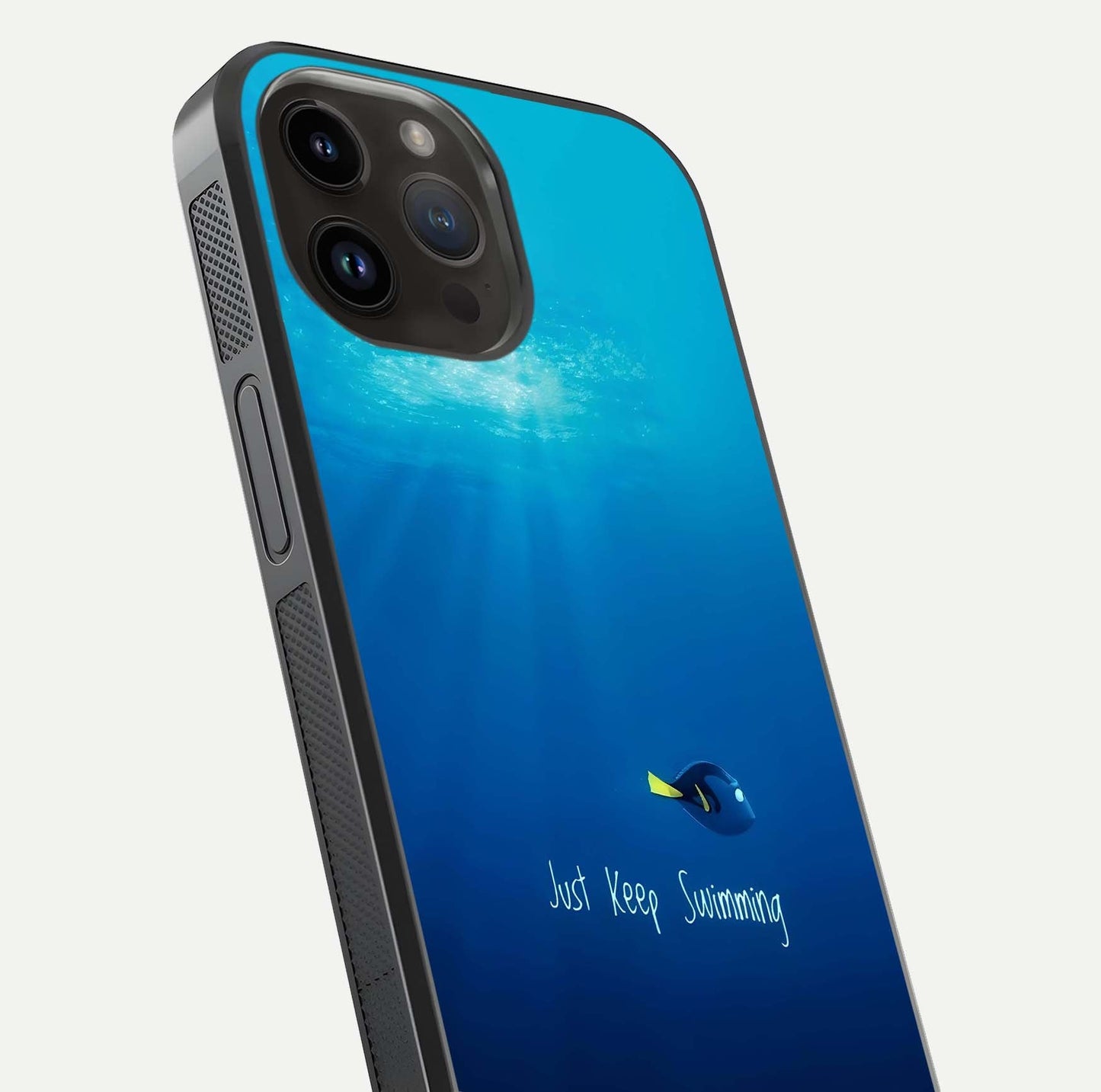 Just Keep Swimming Glass Case for iPhone 14 Pro Max close-up angled shot showing elegant lettering and blue tone reflection
