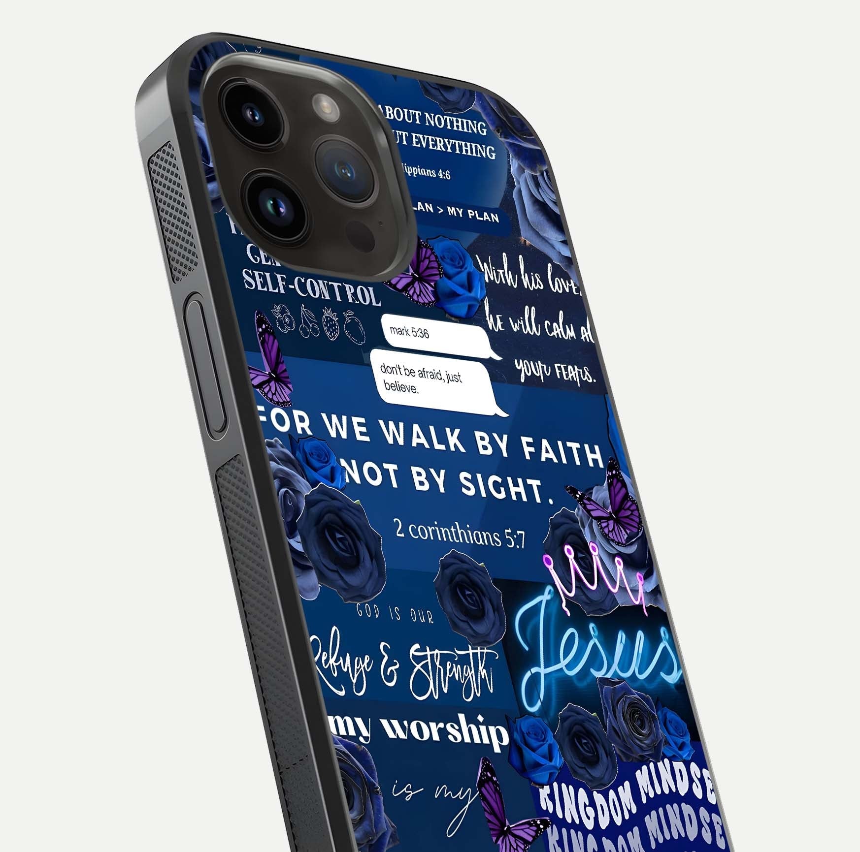 Kingdom Faith Glow Glass Case for iPhone 14 Pro Max close-up angled shot showing luminous text and divine reflection