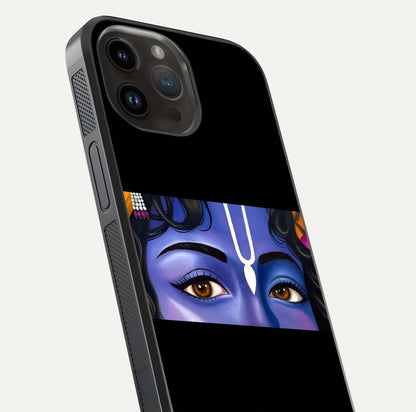 Krishna Eye Glass Case for iPhone 14 Pro Max close-up angled shot showing intricate artwork and reflection shine