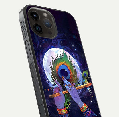 Krishna Hands Art Glass Case for iPhone 14 Pro Max close-up angled shot showing detailed hand design and shine