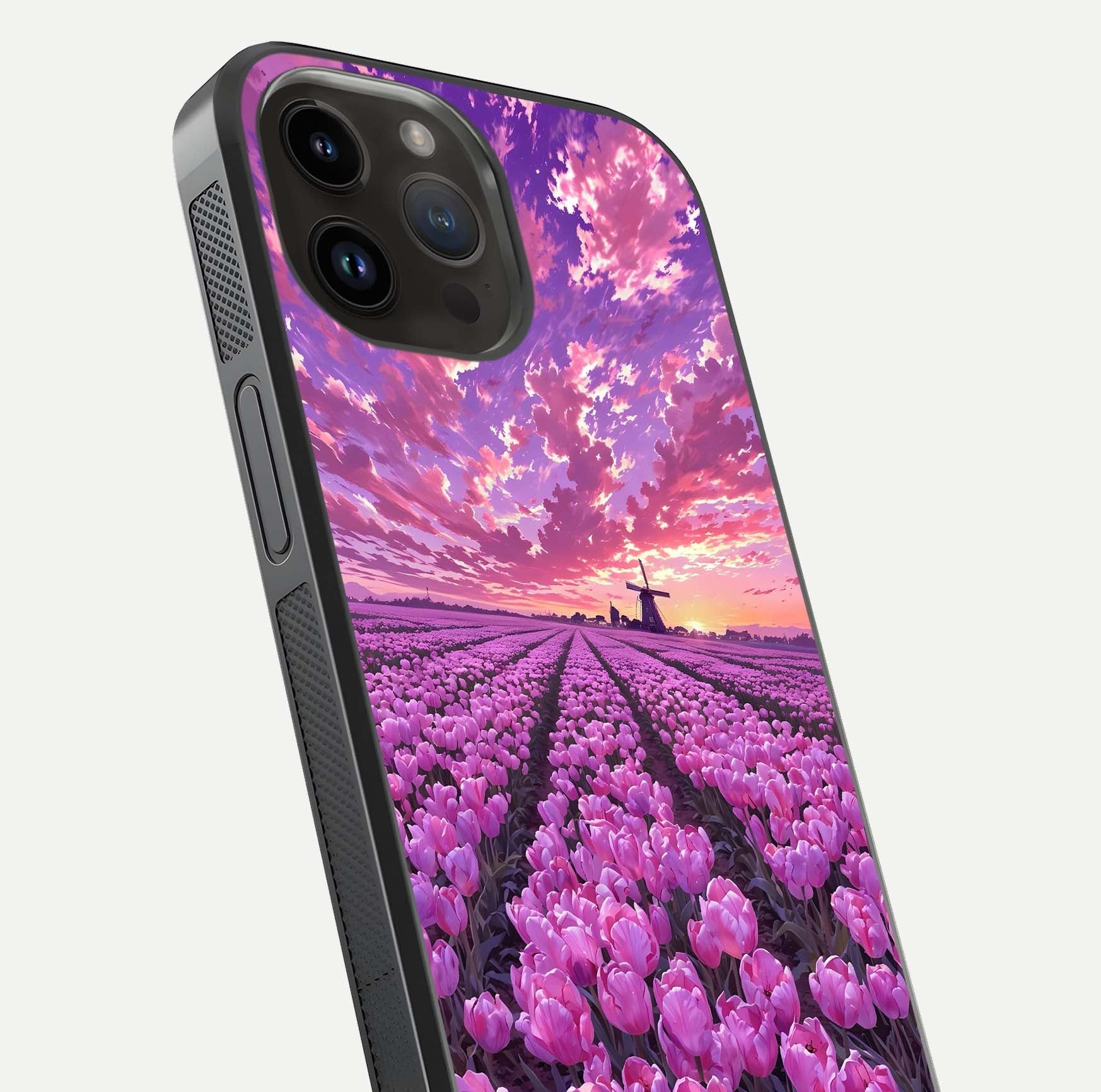 Lavender Dream Skies Glass Case for iPhone 14 Pro Max close-up angled shot showing purple hues and soft reflection