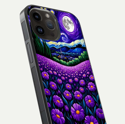 Lavender Moon Field Glass Case for iPhone 14 Pro Max close-up angled shot showing moon glow and purple detailing
