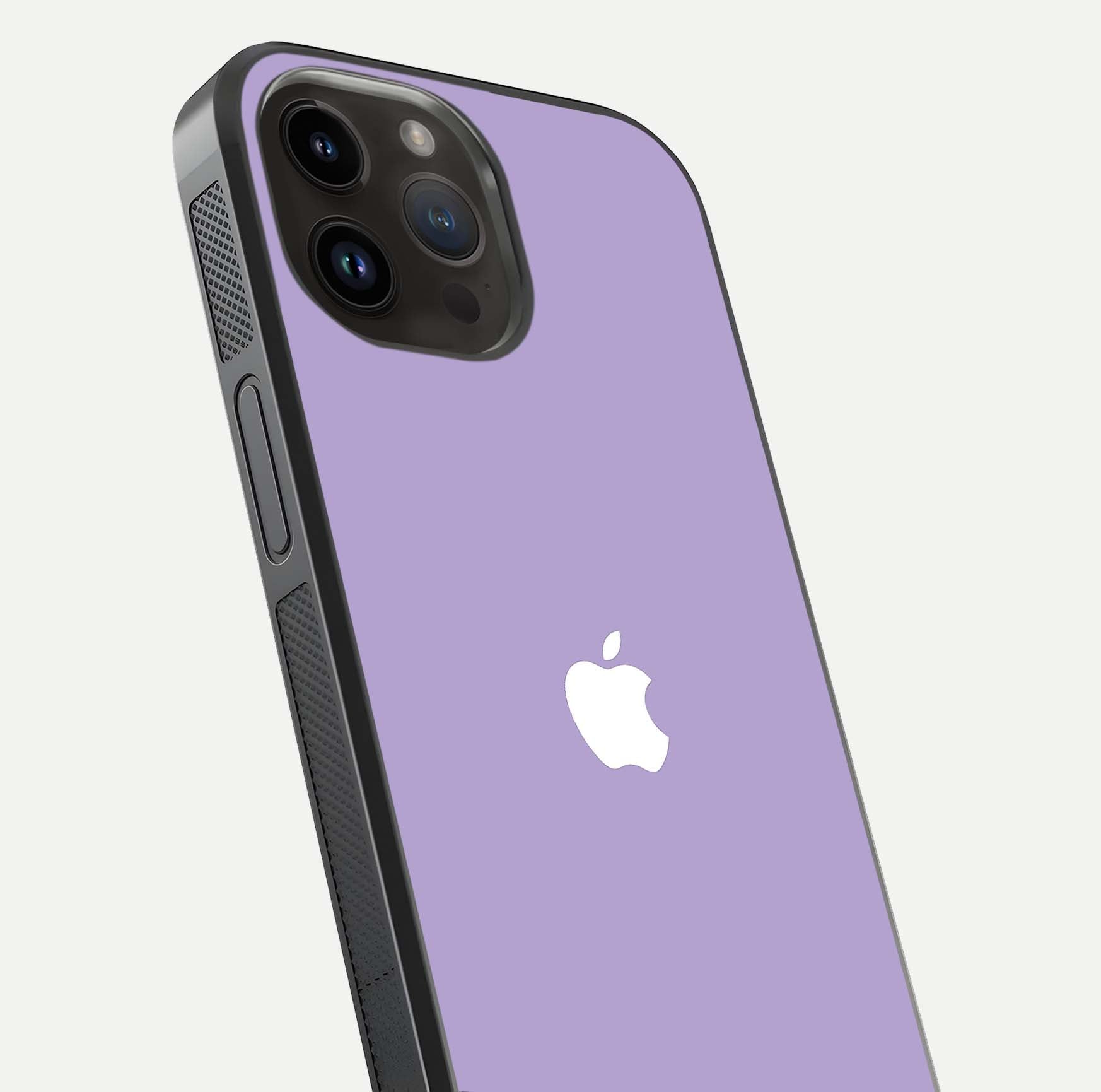 Lavender Soft Minimal Glass Case for iPhone 14 Pro Max close-up angled shot showing clean color texture and shine
