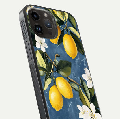 Lemon Dream Garden Glass Case for iPhone 14 Pro Max close-up angled shot showing fruit details and shine reflection