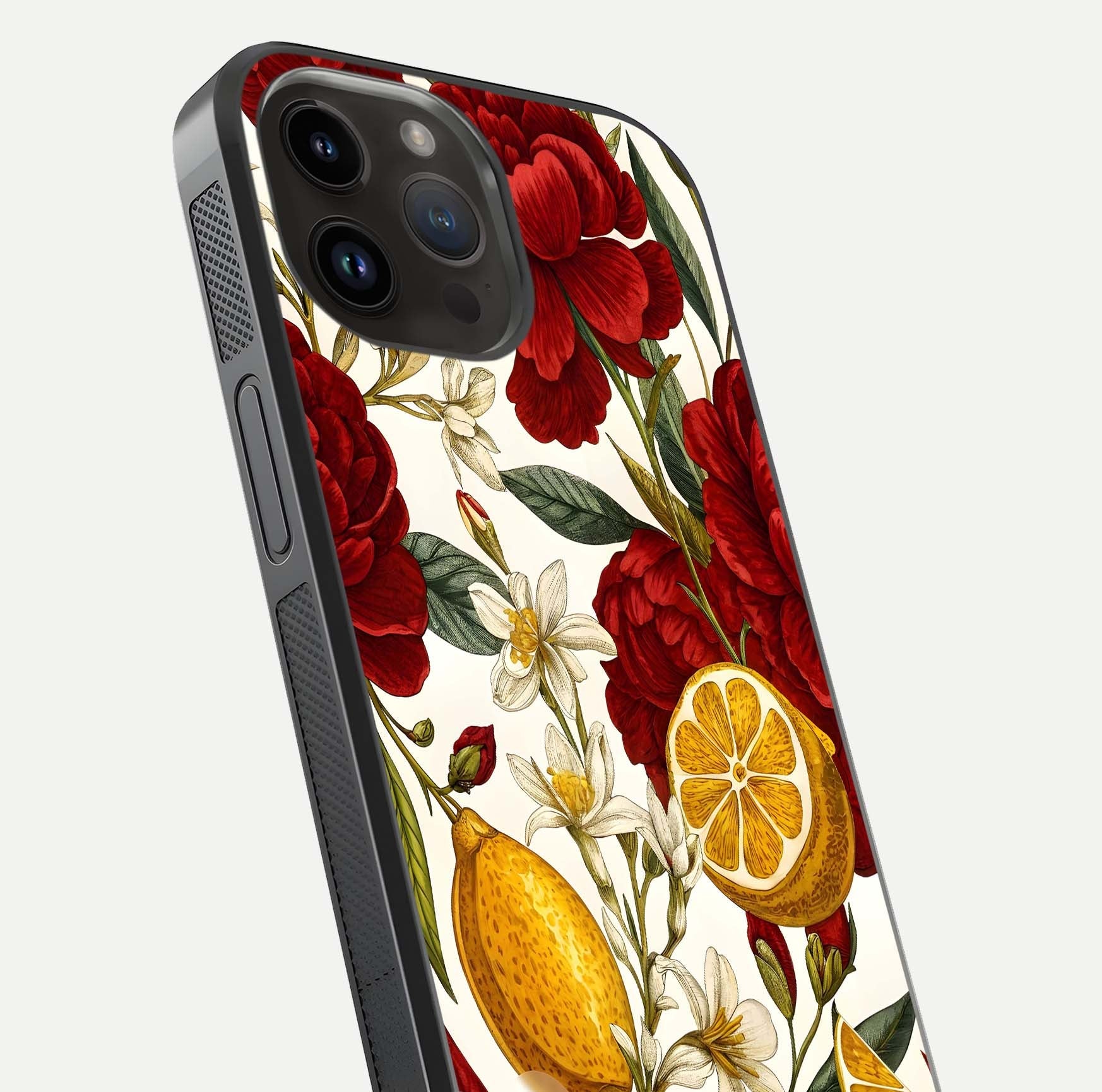 Lemon Rose Charm Glass Case for iPhone 14 Pro Max angled close-up showing vivid rose details and HD glass reflection