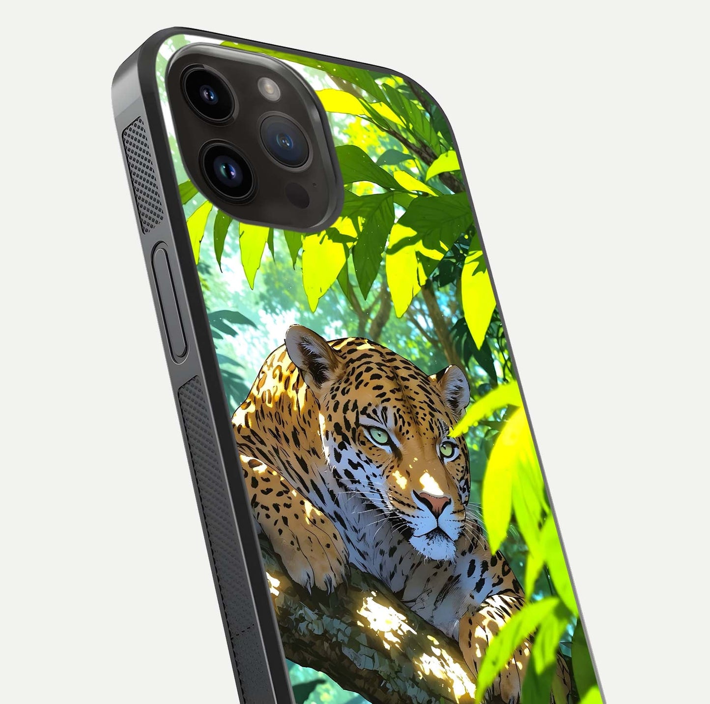 Leopard in Jungle Glass Case for iPhone 14 Pro Max angled close-up showing fur texture and glossy shine reflection
