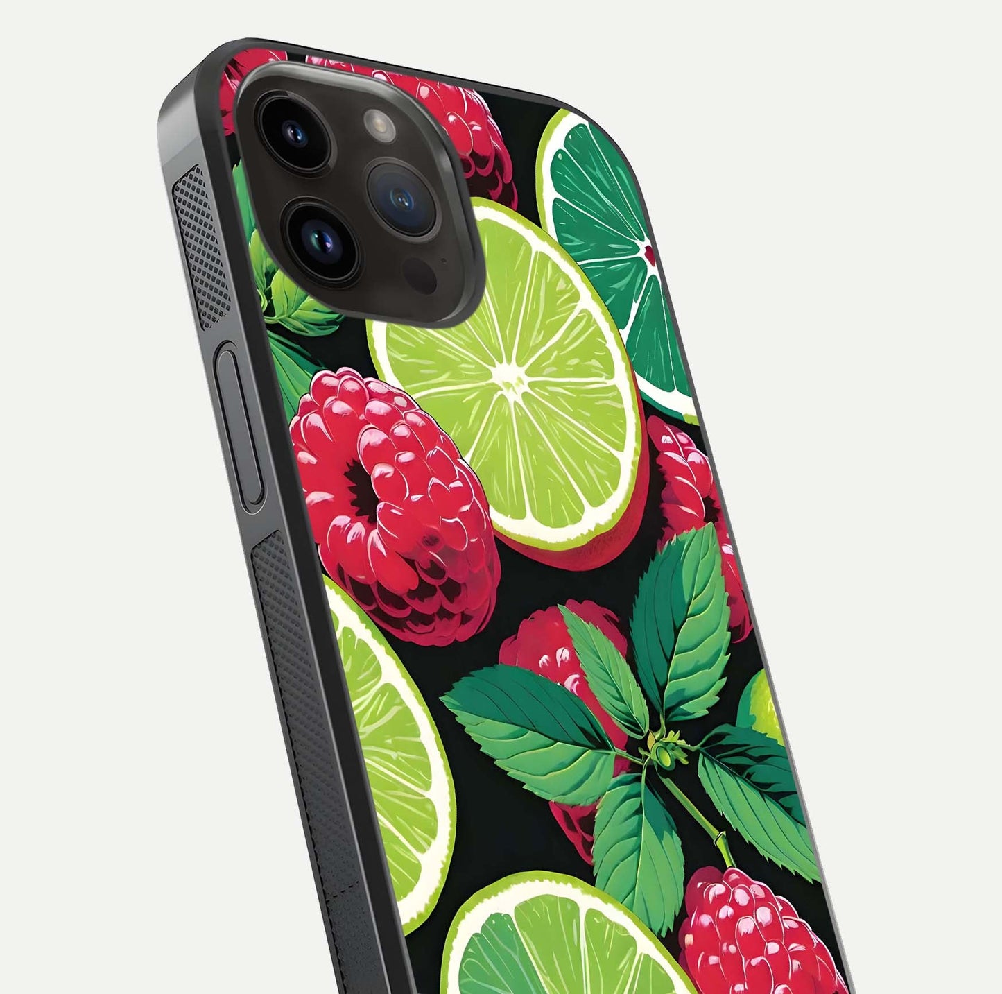 Lime and Raspberry Pattern Glass Case for iPhone 14 Pro Max angled close-up showing fruit texture and reflection glow