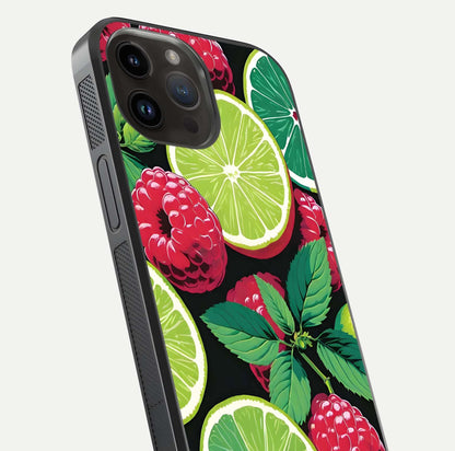 Lime and Raspberry Pattern Glass Case for iPhone 14 Pro Max angled close-up showing fruit texture and reflection glow