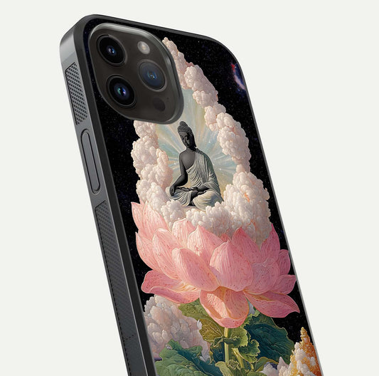 Lotus Divine Peace Glass Case for iPhone 14 Pro Max angled close-up showing delicate petals and gloss reflection