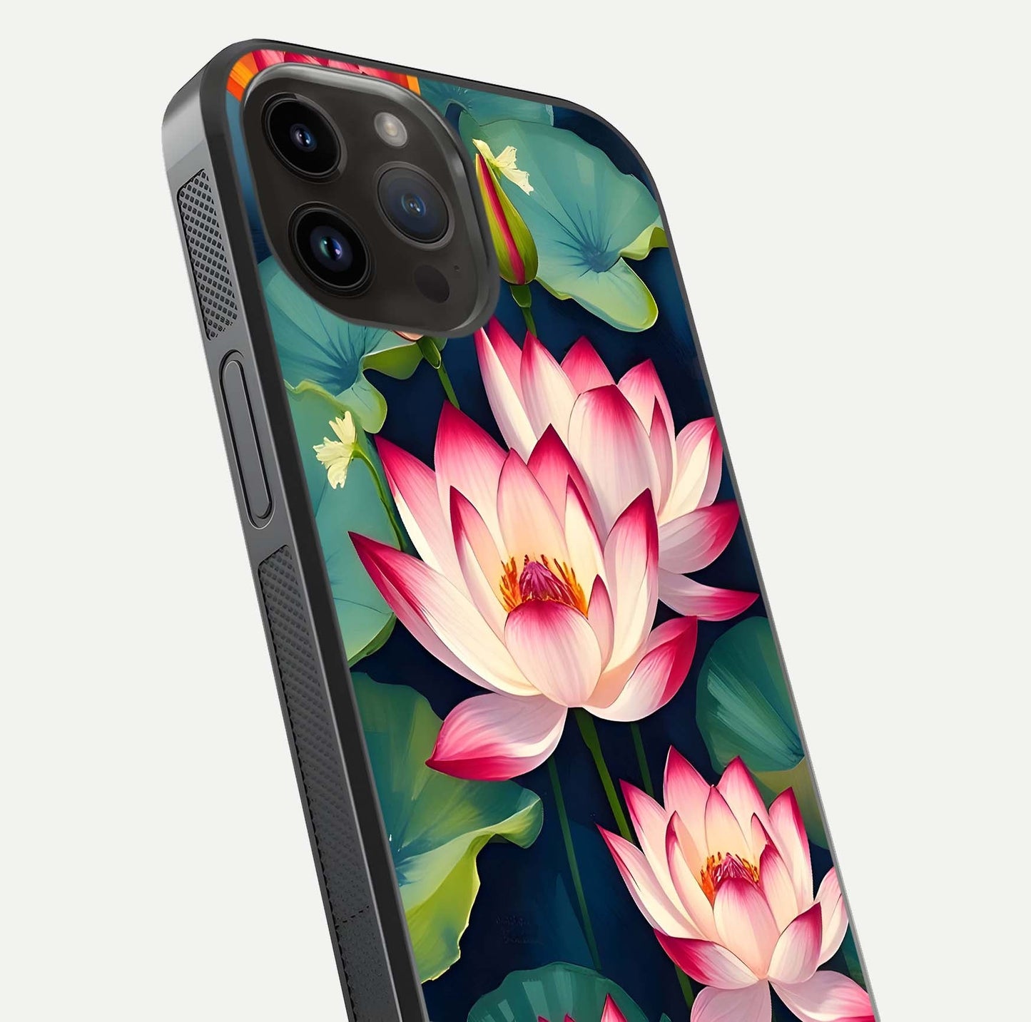 Lotus Dream Serenity Glass Case for iPhone 14 Pro Max close-up angled shot showing floral details and soft shine