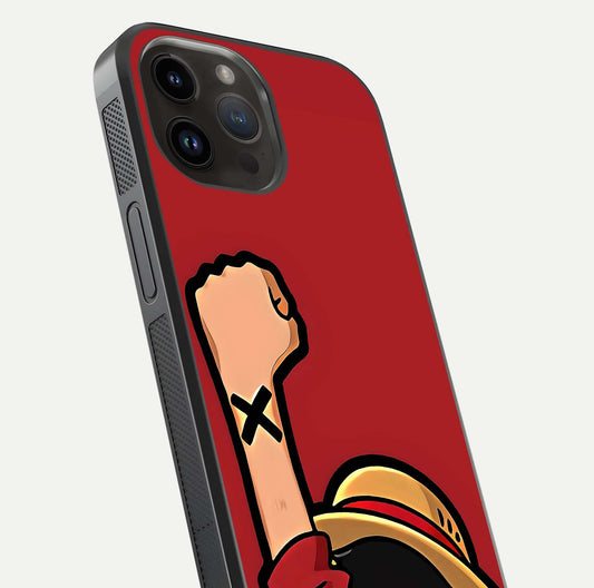 Luffy X Spirit Glass Case for iPhone 14 Pro Max close-up angled shot showing character detailing and gloss texture