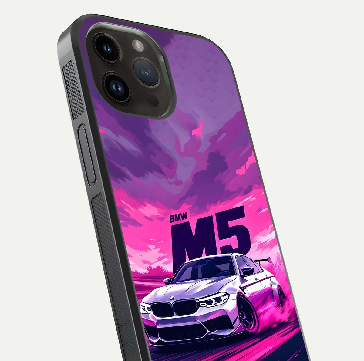 MS Neon Car Glass Case for iPhone 14 Pro Max close-up angled shot showing vivid neon reflections and shine