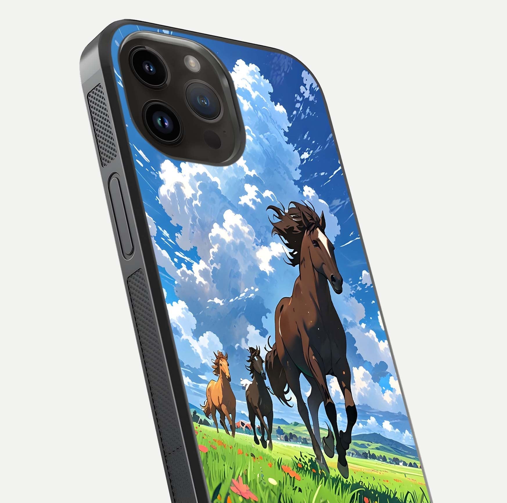 Majestic Horses Galloping Glass Case for iPhone 14 Pro Max close-up angled shot showing horse motion and reflection