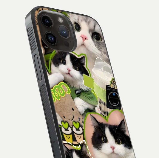 Matcha Cats Mood Glass Case for iPhone 14 Pro Max close-up angled shot showing adorable cat art and reflection detail