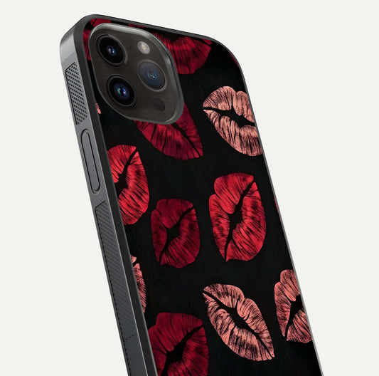 Midnight Kiss Love Glass Case for iPhone 14 Pro Max close-up angle highlighting red accents and reflection shine