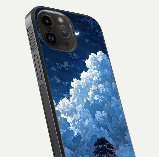 Midnight Sky Serenity Glass Case for iPhone 14 Pro Max close-up angled shot showing starlit tones and reflection